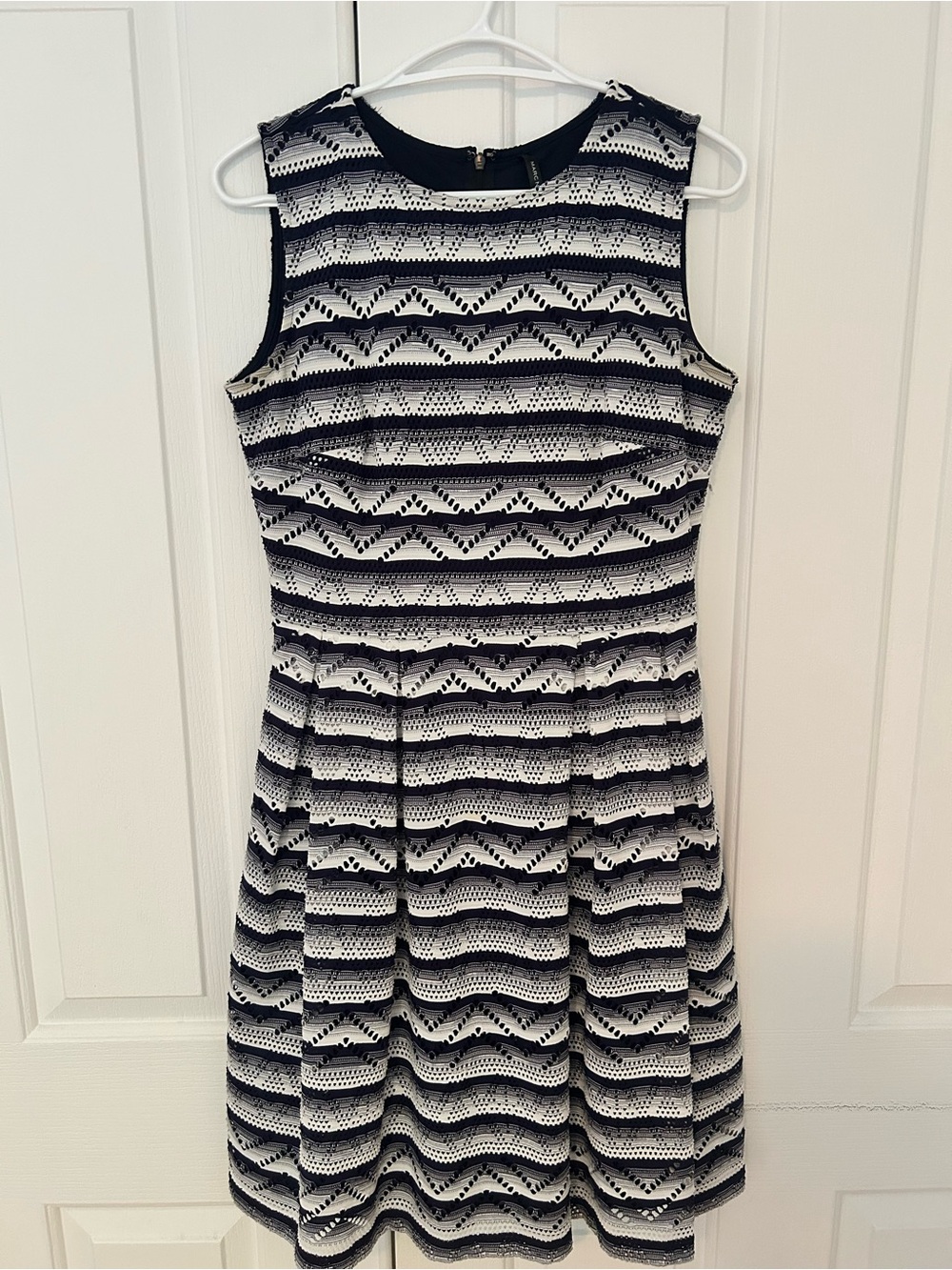 Andrew Marc Black and White Striped Lace-Effect Fit-and-Flare Dress